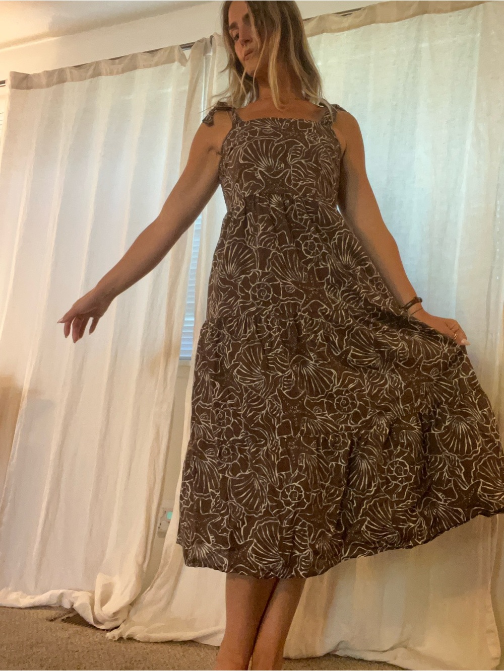 Brown Sea themed Tie-Shoulder Midi Dress
